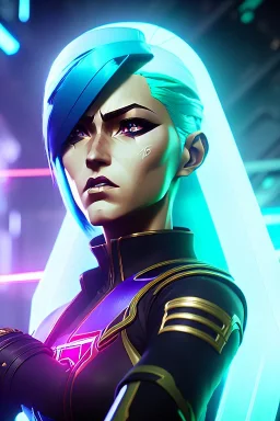 Futuristic female soldier, physically fit, green hair, blue eyes, intricate eyeliner, vibrant eyeshadow, clear completion, soft lighting, 4k resolution, intricate details, insanely detailed, colorful cityscape background, masterpiece, expert, cinematic smooth, retroanime style, realistic details, no helmet