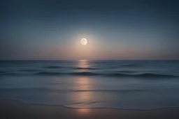 a calm image of the ocean during nightfall. A full moon rises above in the sky