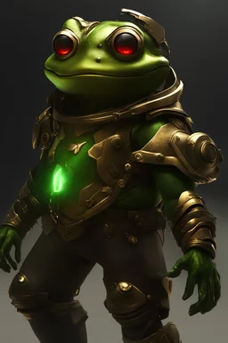 Frog Green Soldier Portrait Glow big red eye Gold Armor warrior Robotic lightning Silver Smoke Dust 16k details epic rare future water nice fury