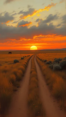 dirt path with sunset in the prairies, old western, painting based on grainy photo, orange brown tones