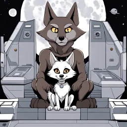 digital art front in picture an of little dark brown catlike creature with big ears, big eyes stands medium close and looking an anthropomorphic wolf couple sitting on the spaceship's ramp close together, the pale gray body hair female wolf sits behind strong male wolf and touths one paw on the dark gray body hair man wolf's shoulder, raini day, on ramp a little piece of meat lies down, high contrast, high detalied, high realistic, in background detail of an angular spaceship visible. Rain