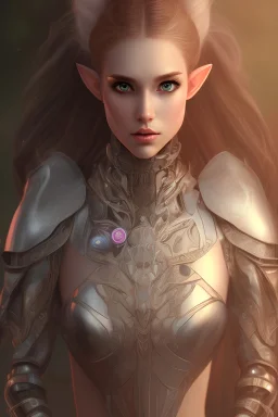 female beautiful elf, high cheekbones, white scale high tech armor, cybernetic jaw, cybernetic throat, blue crystal in the center of the armor, laying on a patch grassfield, single character, red hair, single pony tail, green eyes, photorealistic