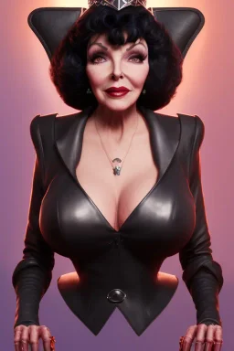 Joan Collins as evil queen in black leather, leather, busty, cleavage, angry, stern look. character design by cory loftis, fenghua zhong, ryohei hase, ismail inceoglu and ruan jia. unreal engine 5, artistic lighting, highly detailed, photorealistic, fantasy