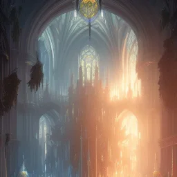 fantasy concept art, dynamic lighting, Intricately detailed, Splash screen art, deep color, Unreal Engine, volumetric lighting, black marble, Fantasy library artwork, white silk, stained glass windows, blue gothic architecture,