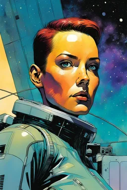 create an imaginative amorphous female extraterrestrial cybernetic time traveler with finely detailed facial features, butch cut hair, at the helm of an interstellar jumpship , in the comic book art style of Bill Sienkiewicz, Mike Mignola, and Jean Giraud Moebius, finely textured, drawn, colored, and inked