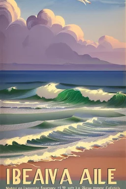 Vintage travel poster showcasing the majestic waves on beaches of Landes in France in a watercolor painting style reminiscent of 1930s European travel advertisements, like those by Henri Cassiers. The scene is captured during golden hour with soft glows highlighting the peaks, featuring muted pastels with pops of rich blues and greens. The composition offers a wide-angle view, with a focal length of around 24mm, presenting a vast mountain range at the center and a quaint village at the base.