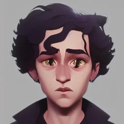 Portrait of a 9 year old wizard boy with big lips and curly hair Nick Harris style