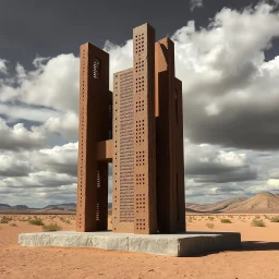 Fotografia di una scultura astratta, composta da elementi verticali e forati che ricordano delle strutture architettoniche. È fatta di un materiale che sembra poroso o corroso, probabilmente metallo o pietra. La scultura è posta su un terreno desertico, con nuvole e cielo plumbeo. L'illuminazione della foto crea forti contrasti di luci e ombre, dando un aspetto drammatico e accentuando la tridimensionalità dell'opera.