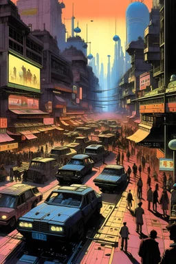 80s omic book vignette depicting an urban scene in a cyberpunk city. Dense crowds fill the a sidewal, walking alongside a 4 lane street packed with futuristic looking cars in a traffic jam. Dense bags of smoke and pollution appear among the cars. Multiple commerce signs hang from the opposing street building's façades. Top down view, as if seen from a first floor looking down to the street. The road perspective vanishes diagonally. Smog is denser in the distance.