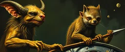 gremlin dog bison badger star ship captain in the style of Rembrandt and Escher