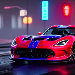 realistic dodge viper; in an alternate universe in tokyo; cyberpunk; rain; neon signs