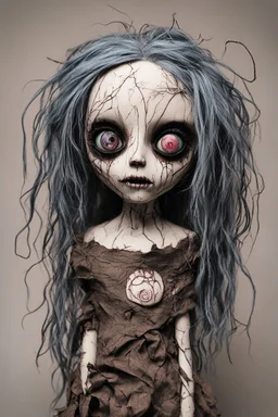 full color, illustration of a dark, menacing, monster girl, as a decayed, broken, crude homemade cloth doll toy, with a narrow cracked porcelain face, thick dark eyebrows, hair made from ragged strips of cloth, in the style of Alex Pardee, Tim Burton, and Nadya Sheremet