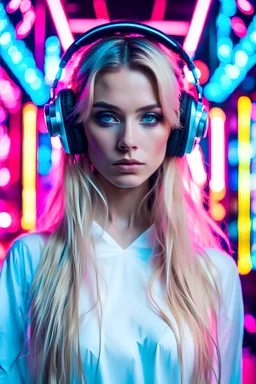 Kodak Vision 2383, full body shot of a mystic cyber woman named Lisa Lou, with blond long hair and long model lags, wearing high-tech headphones and a white shirt, The background unfocused pinkish Neon Signs lights, with her "beautiful big blue eyes" she looks directly into the camera, detailed natural skin, retrofuturism, future tech, dramatic cinematic lighting, RAW photo, high detailed Natural skin, film grain, cyberpunk neon look, camera f1.6 lens, rich colors,