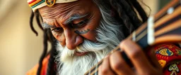 goa folk electronica trance, latin breaks, guitar, sitar, indian vibes, fsol, close up portrait, amazed guru