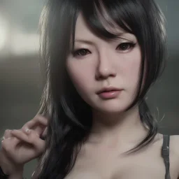 hitomi tanaka, long black hair, realistic, intriacte detail, sci-fi fantasy style, volumetric lighting, particales,highly detailed,cinamatic, deep colours,8k