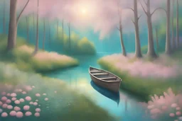 Un chemin dans une foret bordé de petites fleurs, un petit pont en bois clair, et une rivière turquoise avec le reflet des arbres et du soleil dans l'eau , une barque sur la rivière, une ambiance douce, des couleurs pastels orangées, bleu doux et vert clair, un ciel bleu intense avec des petits nuages roses, des rayons de soleil. Beaucoup de détail très précis et raffinés.On peut voir la délicatesse des pétales des fleurs. Fleurs et feuilles très détaillés très précises.Ambiance magique sereine