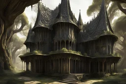 biomechanoid medieval elvish hut in the style of Alan lee gothic architecture Antonio gaudi giambattista piranesi art nouveau palais ideal 3d-mandelbox giger beksinski phillipe druilett ibuku house by elora hardy