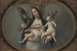 baphomet, attractive woman with head of a goat, holding a human child, chest and neck exposed, virgin mary composition