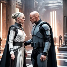 a bold and heroic bald male Corellian pilot in black and grey First Order special forces gear meets a female Jedi Master in ancient, mystical temple, hyperdetailed, dynamic lighting, hyperdetailed background, 8k resolution, volumetric lighting, light skin, fully symmetric details