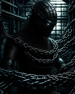 Dark fantasy scifi cage alien made of chains holding long chains
