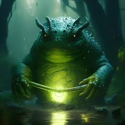 swamp brown toad lizard man belt green light orb, belt green light, weapon light staff, marshy sparsely wooded area 4k