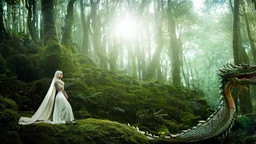 whole body image of beautiful Emilia Clark as Daenerys Targaryen in a mystical enchanted forest standing next to a dragon, HD 8K, sharp detail, hyperrealistic photo accurate face and features, cinematic lighting, award winning photography