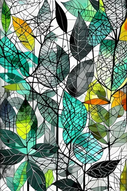 in abstract and watercolor style leaves in random colors crossed by black lines on a gray background
