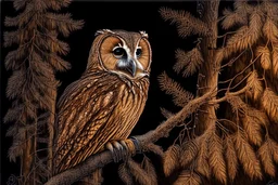 Brown Tawny Owl, pine tree, forest, autumn, dark night highly detailed intricate intricate details high definition crisp quality beautiful lighting pencil sketch watercolor dramatic lighting Deep shadows Warm colors warm light