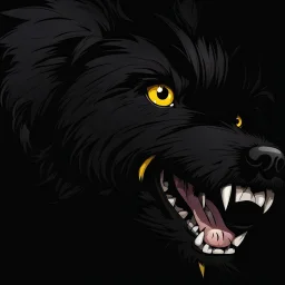 an angry scruffy black terrier on black background, yellow eyes, defined teeth, 30% lighter, illustration