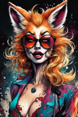 highly detailed full color, caricature concept illustration of a seductive female Fox nightclub singer , maximalist, sharp focus, highest resolution, in the styles of Ralph Steadman, Alex Pardee, Denis Forkas , and Masahiro Ito, boldly inked, 8k, coarse, gritty textures