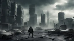 action scene from a movie, dark and cool day in a radiation covered city