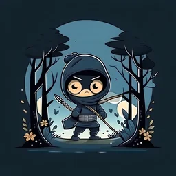small ninja with black hair and a wooden staff in the night in a forest