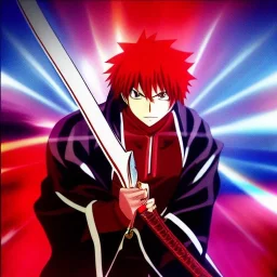 A Young badass adult with parted, short red hair holding a visible perfect katana with one arm in a fighting stance against an enemy and the other arm raised with one finger up surrounded by the spiritual pressure ANIME BLEACH lOGO by Tite Kubo