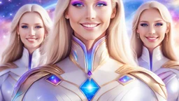 cosmic woman ,beautiful ufos rainbow, admiral from the future, galactic confédération, fine whole face, crystalline skin, expressive purple eyes,rainbow, smiling lips, very nice smile, costume pleiadian, Beautiful tall woman pleiadian Galactic commander, ship, perfect datailed golden galactic suit, high rank, long blond hair, hand whit five perfect detailed finger, amazing big puple eyes, mouth, high définition lips, cosmic happiness, bright colors