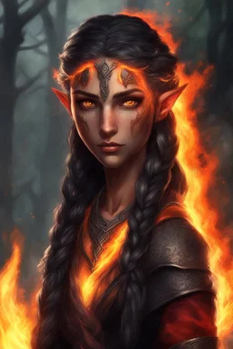 Fire Eladrin druid female. Hair is long and bright black half braided and half down and fire comes out from it. Eyes are noticeably red color, fire reflects. Creates fire from her own hands . Has a big scar over whole face. Skin color is dark