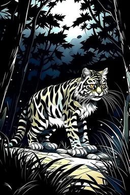 chat sauvage au pelage tigré avec des pattes blanches la nuit dans la forêt, manga