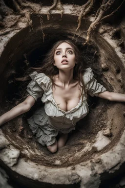 Closeup Girl siren with big eyes, fullbody, ragged clothes, extended like roots, the perspective looking up from the bottom of an empty well ,8k,macro photography,