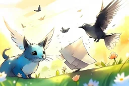 two cute anime chibi cats on either side of the picture looking at a pigeon in the top centre of the picture, flying with an envelope in its mouth in sunshine, flowerfield, watercolor and black ink outlines, ethereal, cinematic postprocessing, bokeh, dof