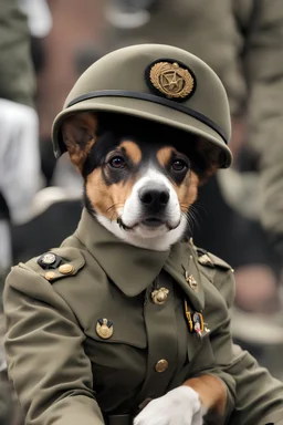 Un chien portant un uniforme militaire portant un signe de victoire