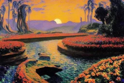 Beautiful epic sunset, logan's run 1976 movie influence, cosmic, people, rocks, holiday influence, river, flowers, very epic and philosophic, gustave caillebotte impressionism paintings