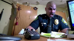 male cop dispatcher deals with evil virus coming out of the phone