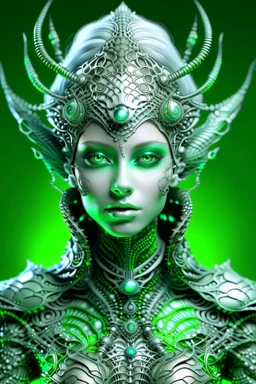 A beautiful alien with big eyes and small nose and mouth wearing a bioluminescense light green zafír biomechanical silver metallic diadem headress, wearing biomechanical amalgamation style leather jacket dress ribbed with silver floral metallic filigree biomechanical vantablack pattern, organic bio spinal ribbed detail of gothic winter backround extremely detailed maximalist hyperrealistic portrait art