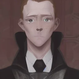 general hux 3/4 view, wearing a black First Order uniform, serious, imposing figure, thick eyebrows, digital art, wearing a black First Order uniform, green eyes, gray background, sepia filter