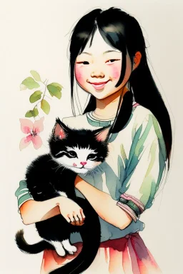 A cute smiling asian girl is holding a kitten. Watercolour