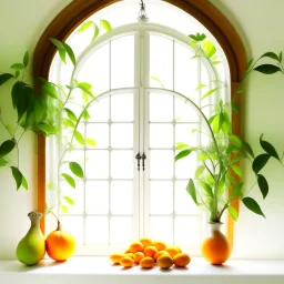 A window in white with an arch decorated with mangoes and light green leaves and soft orange bright colors.