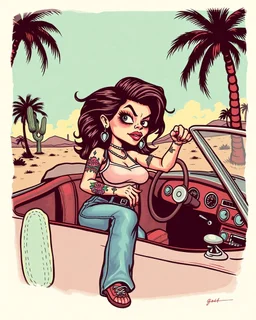 Consuela Mexican woman in a tank-top and jeans, illustrated in a RAT Fink Ed Roth's monsters Style driving a convertible car, big head with small body, cholla with face tattoo, cartoon kissy lips, rat fink t-shirt composition, 2 color silkscreen