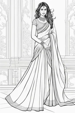 Coloring page for adults of a elegant fashion model woman wearing hindi dress, dynamic poses, full body portrait, thick and clean lines, clean details, no-color, no-turban, no-background, non color, non shading, no-grayscale, dynamic poses, full body portrait, thick and clean lines, clean details, no-color, no-turban, , non background, non color, non shading, no-grayscale, no color hair