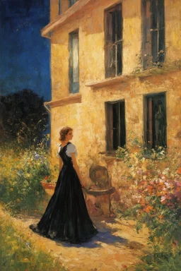 Night, vegetations, flowers, one woman, house, distant buildings, charles leickert, and berthe morisot paintings
