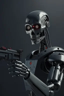 a scary robot with a gun searching for humans looking right and far away