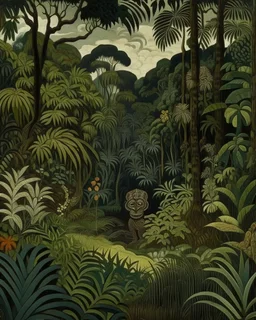 A dark brown wilderness near a rainforest with shrubs designed in African masks painted by Claude Monet